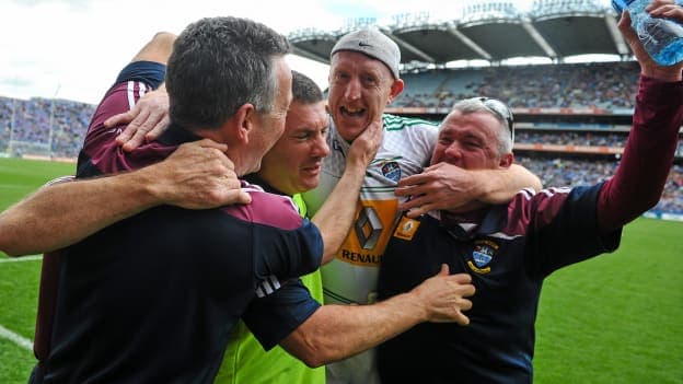 Members of the Westmeath management team, left to right, Mark Kavanagh, Pierce Corroon, Tom Cribbin, Gary Connaughton and Alan McCormack, celebrate after victory over Meath in the 2015 Leinster SFC semi-final.