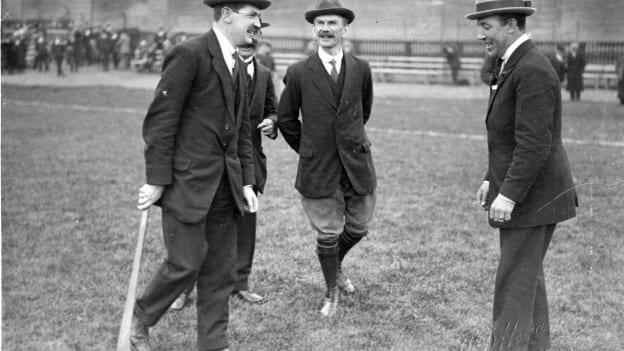 Michael Collins, Luke O'Toole and Harry Boland at Croke Park for the 1921 Leinster Hurling Final.