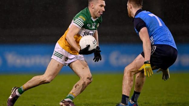 Anton Sullivan of Offaly in action against CJ Smith of Dublin during the O'Byrne Cup Group C Round 3 match between Dublin and Offaly at Parnell Park in Dublin. 