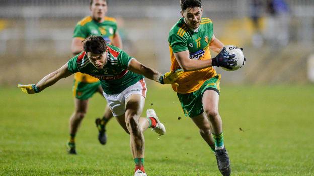 Ryan McHugh of Donegal in action against Oisin Mullin of Mayo during the Allianz Football League Division 1 Round 1 match between Donegal and Mayo at MacCumhaill Park in Ballybofey, Donegal. 
