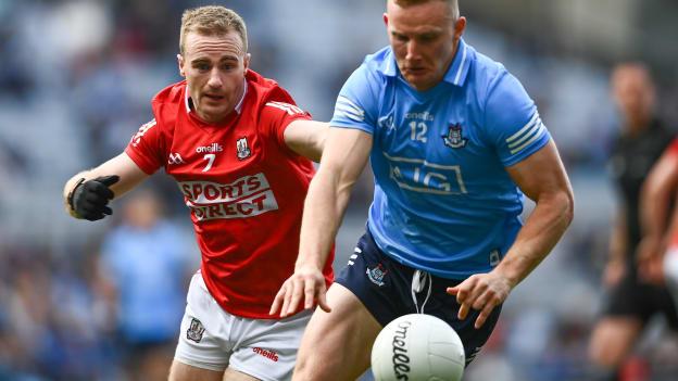 Ciarán Kilkenny, Dublin, and Mattie Taylor, Cork, in All Ireland SFC Quarter-Final action at Croke Park.
