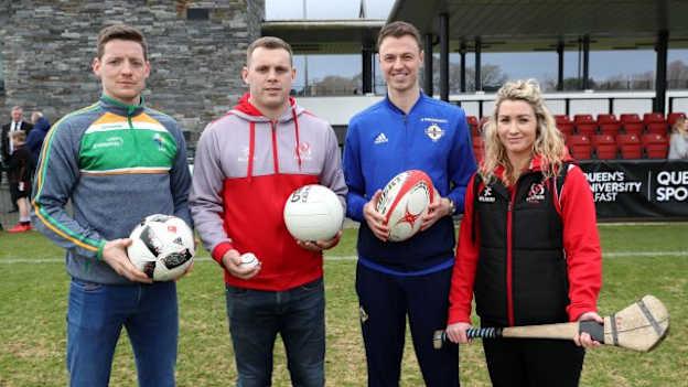 (l to r) Monaghan footballer, Conor McManus, Ulster rugby player Darren Cave, Northern Ireland soccer international, Jonny Evans, and Ulster women's rugby player, Eliza Downey pictured at the launch of the ‘Sport Uniting Communities’ initiative. 