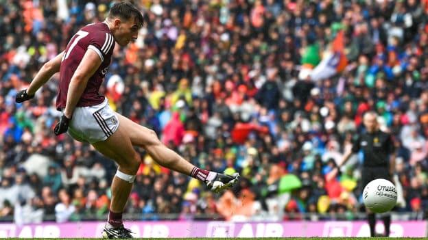 Matthew Tierney of Galway scores the winning penalty in the penalty shoot-out of the GAA Football All-Ireland Senior Championship Quarter-Final match between Armagh and Galway at Croke Park, Dublin. 