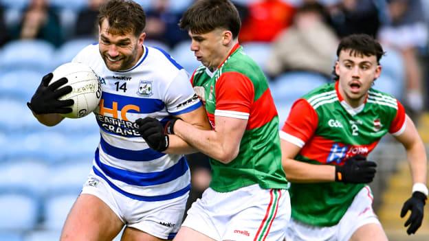 Aidan O'Shea, Breaffy, and Sam Callinan, Ballina Stephenites, in Mayo SFC Final action at Hastings Insurance MacHale Park. Photo by Piaras Ó Mídheach/Sportsfile