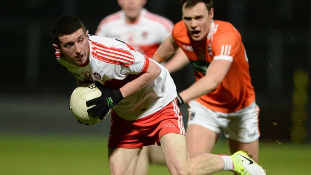 Tiernan Flanagan, Derry, and Caolan McConville, Armagh, in action at Celtic Park.