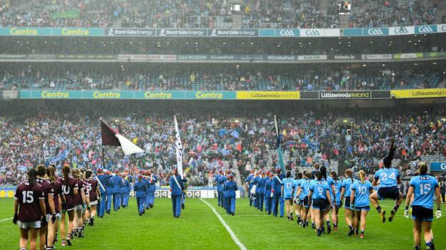 The pre-match parade prior to the TG4 All-Ireland Ladies Football Senior Championship Final match between Dublin and Galway at Croke Park in Dublin