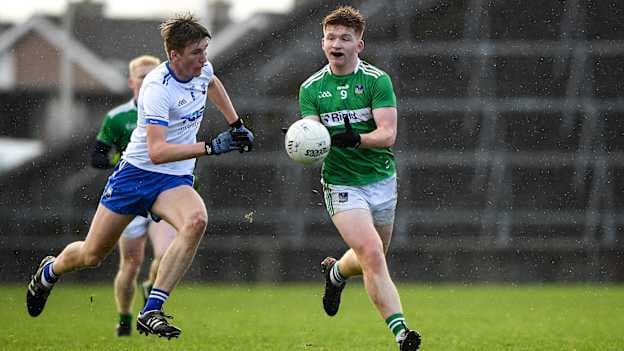 Darragh Murray, Limerick, and Oscar Geoghegan, Waterford, during an Electric Ireland Munster GAA Football Minor Championship Quarter-Final.