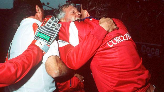 Cork manager Billy Morgan, centre, celebrates at the final whistle of the All-Ireland Senior Football Championship Final match between Cork and Meath at Croke Park in Dublin. 