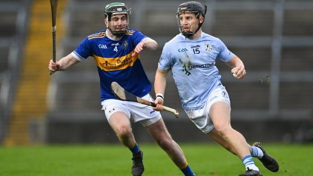 Peter Casey, Na Piarsaigh, and John Flynn, Patrickswell, in Limerick SHC Final action at TUS Gaelic Grounds. Photo by Stephen Marken/Sportsfile