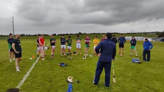 Ballina Senior Hurling Team manager, Gary Barrett, speaks to his players after their first training session since reforming as a team. 