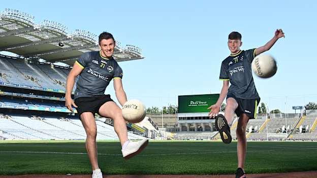 John West Féile Ambassador and Galway footballer Shane Walsh, left, and Whitehall Colmcille's Ben Cox in attendance at the launch of John West Féile, 2021 at Croke Park in Dublin. 