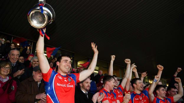 Conor Cooney of St Thomas' lifts the trophy following the Galway County Senior Club Hurling Championship Final between St Thomas' and Liam Mellows at Pearse Stadium.
