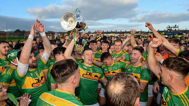 Dunloy players celebrate after the Antrim County Senior Club Hurling Championship Final match between Dunloy and O'Donovan Rossa at Corrigan Park in Belfast.