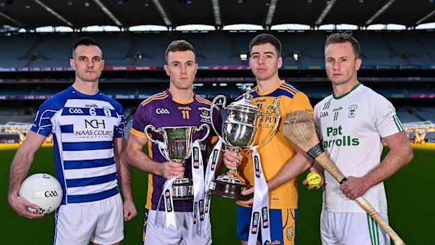 In attendance, from left, Naas football captain Eoin Doyle, Kilmacud Crokes football captain Shane Cunningham, Na Fianna hurling captain Donal Burke and O'Loughlin Gaels hurling captain Mark Bergin during the launch of the 2023 AIB GAA Leinster Senior Club Championship Finals at Croke Park in Dublin. Photo by Piaras Ó Mídheach/Sportsfile.