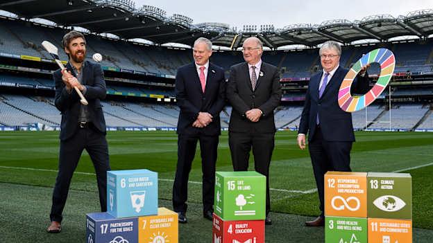  Former Wexford hurler Diarmuid Lyng, Chariman of Local Autority Climate Change Steering Group Ciarán Hayes, Uachtarán Chumann Lúthchleas Gael John Horan and Chairman of CCMA Michael Walsh in attendance at the GAA Local Authority SDG Launch at Croke Park in January.