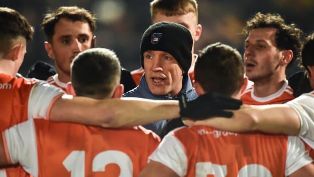 Armagh manager Kieran McGeeney speaks to his players before the Bank of Ireland Dr McKenna Cup Final match between Armagh and Tyrone at the Athletic Grounds in Armagh. 