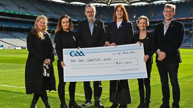 In attendance during a GAA Charity Partners 2023 event are, from left, Global Director Mens Health Promotion Programmes at The Movember Foundation Sarah Coghlan, Young Lives vs Cancer Senior Fundraising Manager Fiona McCann, Uachtarán Chumann Lúthchleas Gael Larry McCarthy, Women's Aid Too Into You Project Lead Mary Hayes, Chief Executive Officer of Trócaire Caoimhe de Barra and ALONE Chief Executive Officer Sean Moynihan at Croke Park in Dublin. 