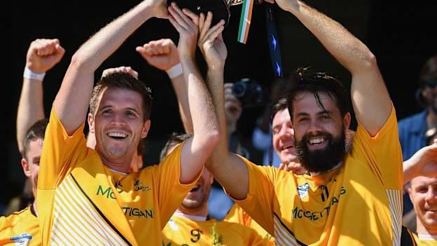 onan McGinty, left, and James Shaughnessy of Middle East lift the cup after beating Australasia in the Renault GAA World Games Mens Football Irish Cup Final during the Renault GAA World Games 2019