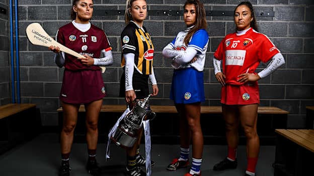 In attendance, from left, are Orlaith McGrath of Galway, Grace Walsh of Kilkenny, Niamh Rockett of Waterford and Amy O'Connor of Cork during the launch of the Littlewoods Ireland Camogie Leagues at Clanna Gael Fontenoy GAA Club in Dublin. 