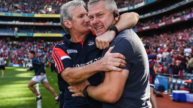 Cork manager Kieran Kingston celebrates with Cork selector Diarmuid O'Sullivan after the GAA Hurling All-Ireland Senior Championship semi-final match between Kilkenny and Cork at Croke Park in Dublin. 