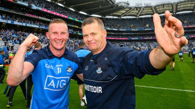 Ciaran Kilkenny of Dublin with Dublin manager Dessie Farrell after the GAA Football All-Ireland Senior Championship final match between Dublin and Kerry at Croke Park in Dublin. Photo by Ray McManus/Sportsfile.