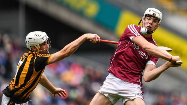 Jack Canning of Galway is tackled by Michael Carey of Kilkenny during the 2017 Electric Ireland GAA Hurling All-Ireland Minor Championship Semi-Final match between Kilkenny and Galway at Croke Park in Dublin. 