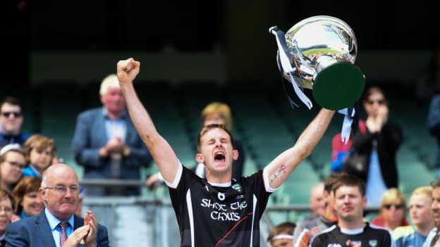 Sligo captain Keith Raymond lifts the Lory Meagher Cup at Croke Park last year.