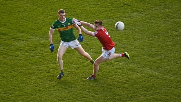 Andrew Moynihan, Kerry, and Thomas O’Mahony, Cork, in action during the EirGrid Munster U20 Final. Photo by Eóin Noonan/Sportsfile