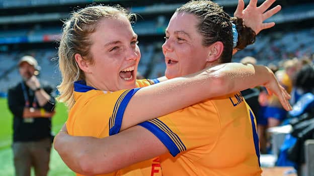 Clare players Caoimhe Lally and Laura McMahon celebrate at Croke Park. Photo by Piaras Ó Mídheach/Sportsfile