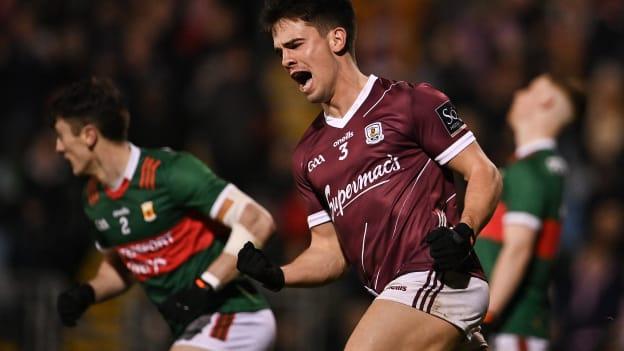 Seán Kelly of Galway celebrates after scoring his side's second goal during the Allianz Football League Division 1 match between Mayo and Galway at Hastings Insurance MacHale Park in Castlebar, Mayo. 