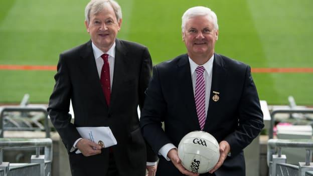 Uachtarán Chumann Lúthchleas Aogán Ó Fearghail, right, and Ard Stiúrthoir Paraic Duffy at a media briefing about the All Ireland Football Championship in August.