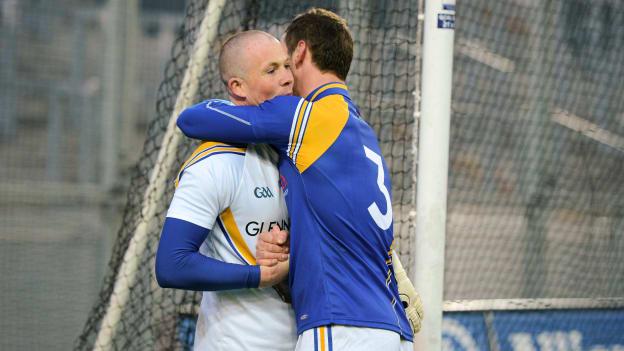Damien Sheridan and Barry Gilleran celebrate following the 2012 Allianz Football League Division Three Final at Croke Park.