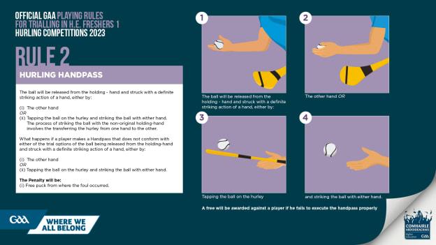 The hurling hand-pass rule that will be trialled in the Freshers 1 Hurling League. 