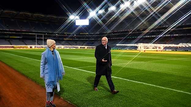 Presenter Kathryn Thomas and Uachtarán Chumann Lúthchleas Gael John Horan during the launch of Ireland Lights Up 2021 in partnership with RTÉ’s Operation Transformation and Get Ireland Walking at Croke Park.