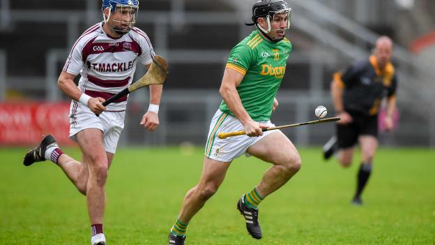 Kevin McKeague, Dunloy, and Meehaul McGrath, Slaughtneil, during the AIB Ulster Club SHC Final at Pairc Esler.