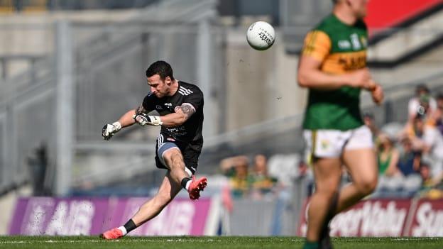 Tyrone goalkeeper, Niall Morgan, kicks a free from inside his own half against Kerry in the All-Ireland SFC semi-final. 