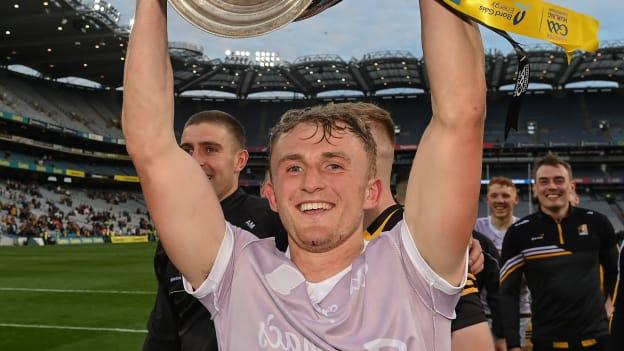 Kilkenny defender Mikey Butler celebrates with the Bob O'Keeffe Cup after his man of the match performance in the Leinster SHC Final against Galway. 