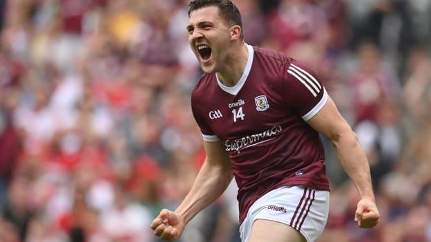 Damien Comer celebrates after scoring a goal for Galway against Derry in the 2022 All-Ireland SFC semi-final.