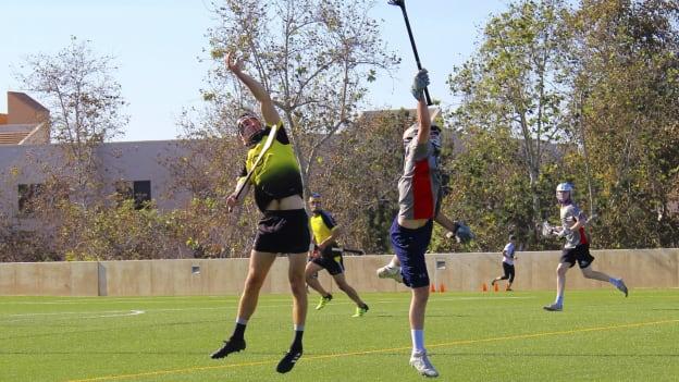 An action shot of the Hurlacrosse exhibition game played in Los Angeles in 2018