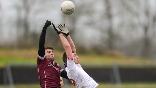 Paul Conroy, Galway, and Padraig McNulty contest a high ball at Tuam Stadium.