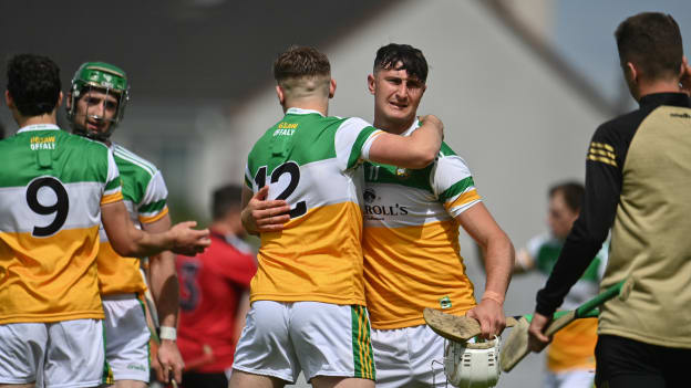 Oisín Kelly of Offaly, centre right, and team-mate Brian Duignan celebrate their side's victory after the Allianz Hurling League Division 2A Round 4 match between Offaly and Down at Bord na Móna O'Connor Park in Tullamore, Offaly.