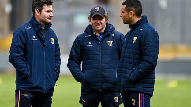 Niall Corcoran, Seoirse Bulfin, and Keith Rossiter pictured  before Wexford's 2021 Allianz Hurling League clash against Laois. Photo by Brendan Moran/Sportsfile