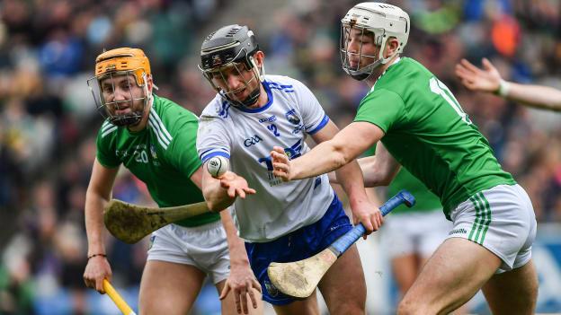 Waterford's Pauric Mahony surrounded by Limerick's Seamus Flanagan and Kyle Hayes during the 2019 Allianz Hurling League Final.