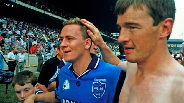 Keith Barr and John O'Leary celebrate after the 1995 All Ireland SFC Semi-Final win over Cork at Croke Park.