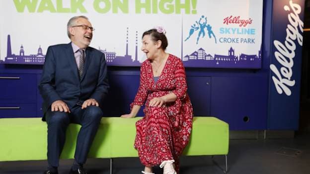 GAA President, Larry McCarthy, pictured with actress Pauline McLynn at the launch of Kellogg's sponsorship of the Skyline Tour at Croke Park. 