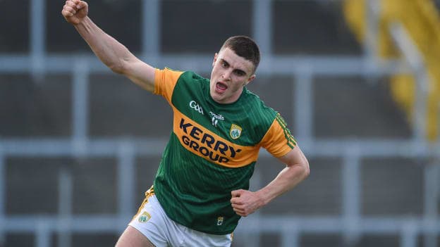 Seán O’Shea of Kerry celebrates after scoring his side's first goal during the Munster GAA Football Senior Championship Quarter-Final match between Kerry and Clare at Fitzgerald Stadium in Killarney, Kerry.