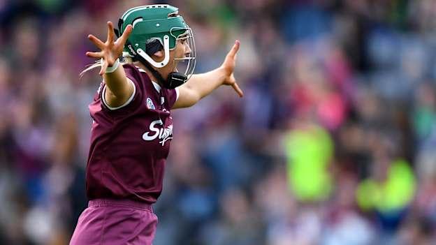 Emma Helebert celebrates following Galway's 2019 All Ireland Camogie Final triumph.