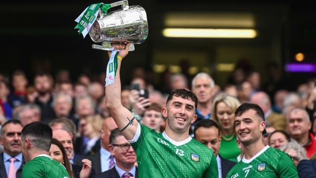 Aaron Gillane of Limerick lifts the Liam MacCarthy Cup after the GAA Hurling All-Ireland Senior Championship final match between Kilkenny and Limerick at Croke Park in Dublin. Photo by Ramsey Cardy/Sportsfile.