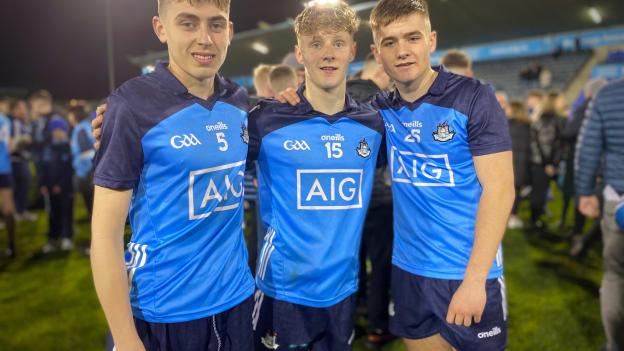 Dublin footballers and Castleknock GAA  club members, Joshua Young, Lenny Cahill, and Cillian Clark pose for a photo after their Electric Ireland Leinster Minor Football Championship victory over Louth. 
