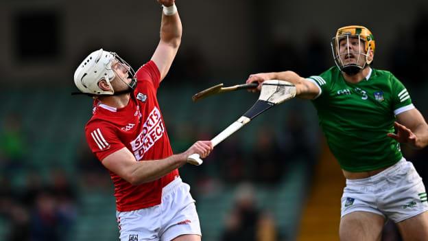 Patrick Horgan, Cork, and Dan Morrissey, Limerick, in Allianz Hurling League action.